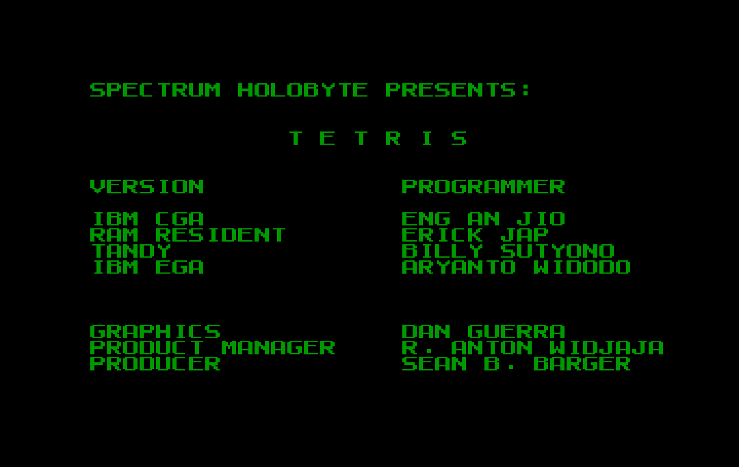 Tetris IBM PC/Compatibles Screenshot: Game credits.