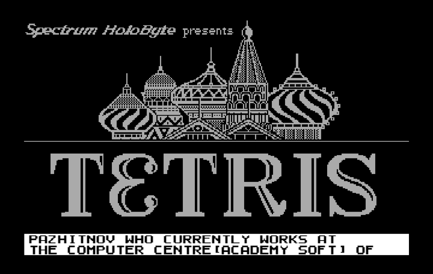 Tetris IBM PC/Compatibles Screenshot: A little background on the game appears at the bottom...