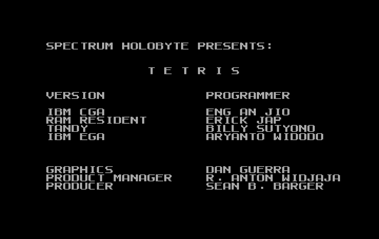 Tetris IBM PC/Compatibles Screenshot: Game credits.
