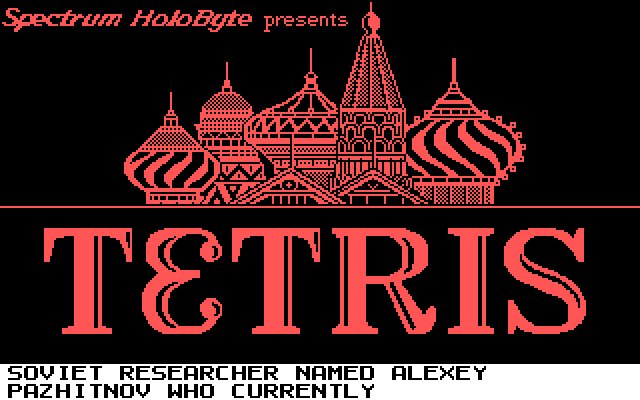 Tetris IBM PC/Compatibles Screenshot: A little background information scrolls by at the bottom of the screen.