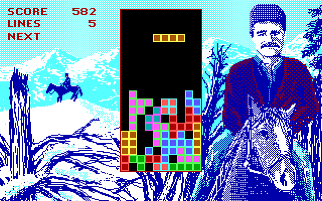 Tetris IBM PC/Compatibles Screenshot: Another straight piece, where should it go?