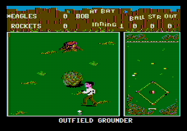 Street Sports Baseball Apple II Screenshot: It's a ground ball to outfield...