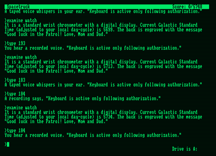 Stationfall Amstrad PCW Screenshot: Failing the copy protection sequence...