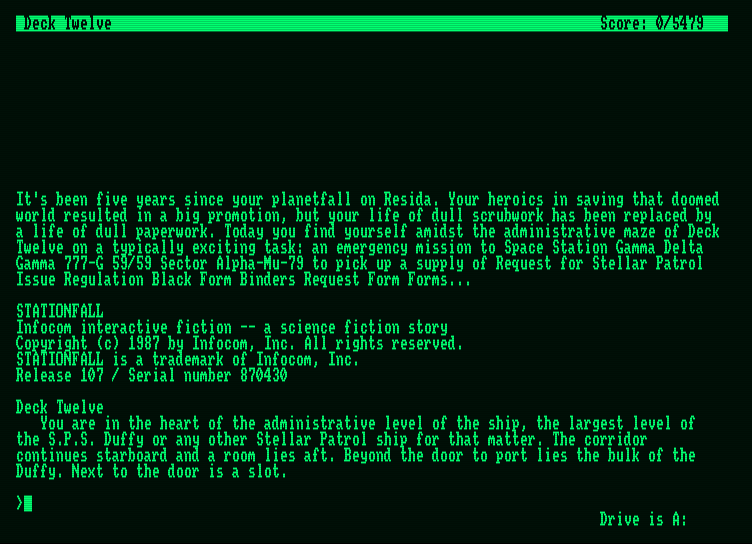 Stationfall Amstrad PCW Screenshot: Starting screen.