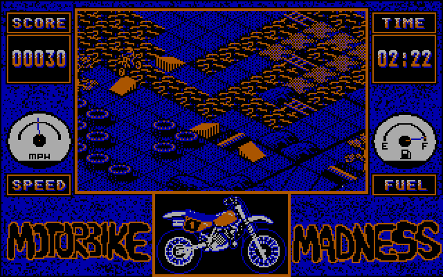 Motorbike Madness IBM PC/Compatibles Screenshot: Jumping over an obstacle.
