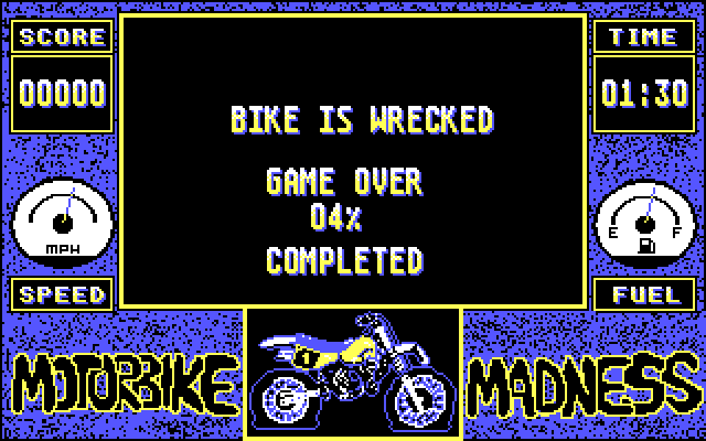 Motorbike Madness IBM PC/Compatibles Screenshot: Bike is wrecked...game over.