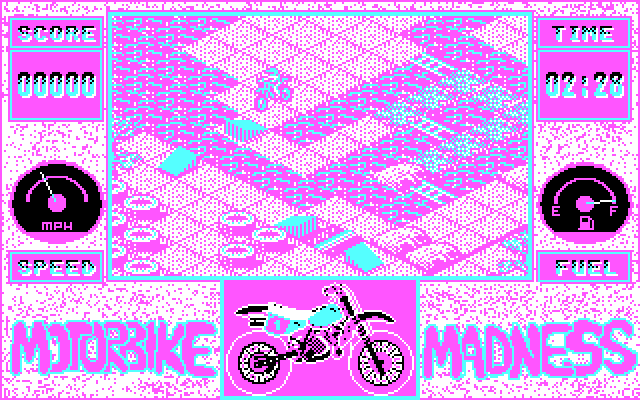 Motorbike Madness IBM PC/Compatibles Screenshot: Use the ramp to jump over the gap...