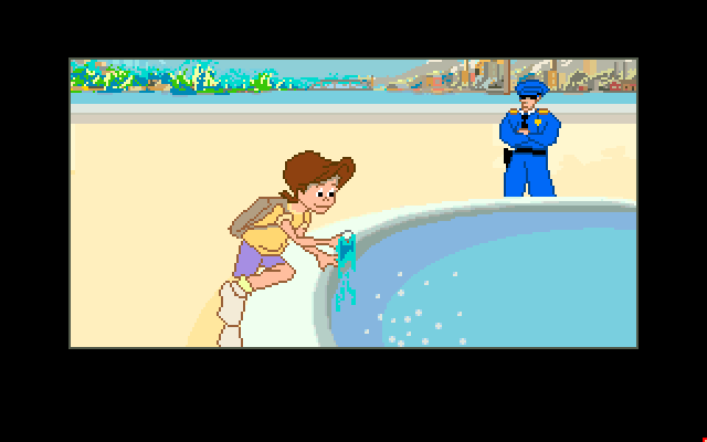 Adventures of Willy Beamish, The IBM PC/Compatibles Screenshot: Stealing a coin from the fountain...don't get caught!