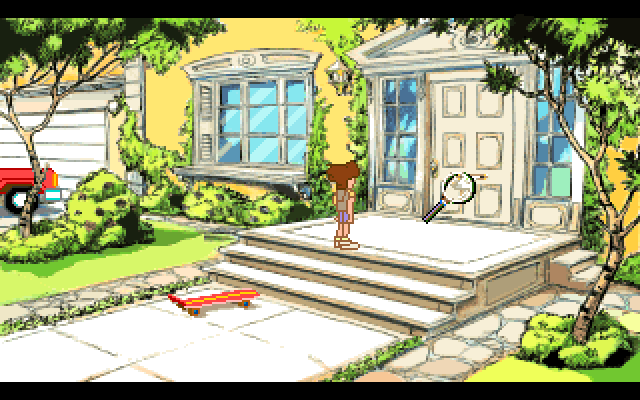 Adventures of Willy Beamish, The IBM PC/Compatibles Screenshot: The front door; use the magnifying glass to examine things.