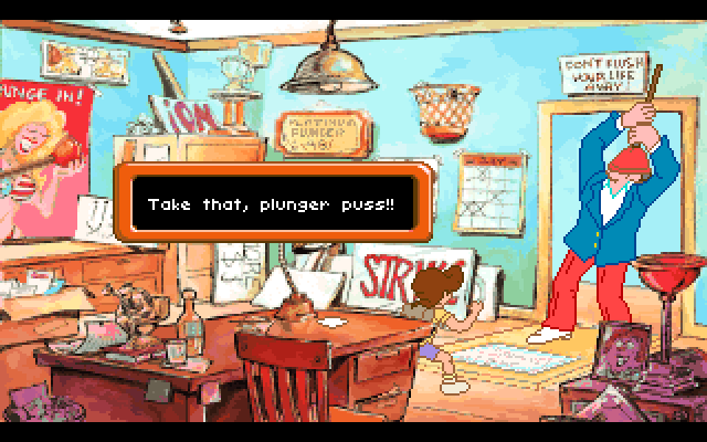 Adventures of Willy Beamish, The IBM PC/Compatibles Screenshot: Attacking a foe with a plunger.