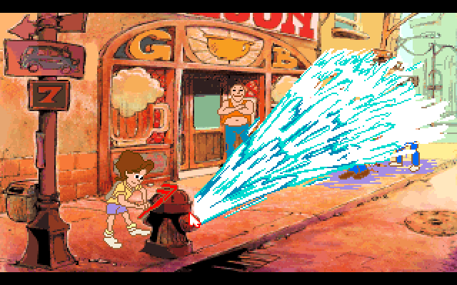 Adventures of Willy Beamish, The IBM PC/Compatibles Screenshot: The fire hydrant provides a distraction while Willy escapes...