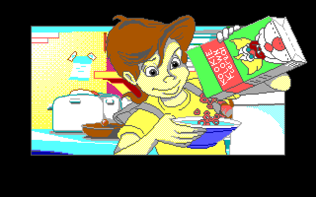 Adventures of Willy Beamish, The IBM PC/Compatibles Screenshot: Breakfast time! Pouring some cereal.