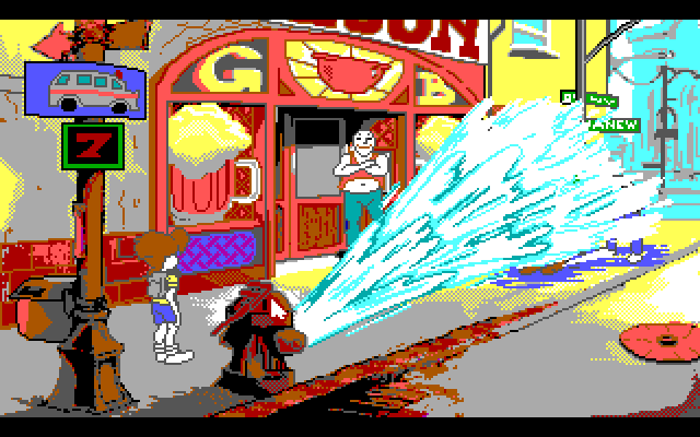 Adventures of Willy Beamish, The IBM PC/Compatibles Screenshot: The fire hydrant temporarily distracts the gang so Willy can escape...
