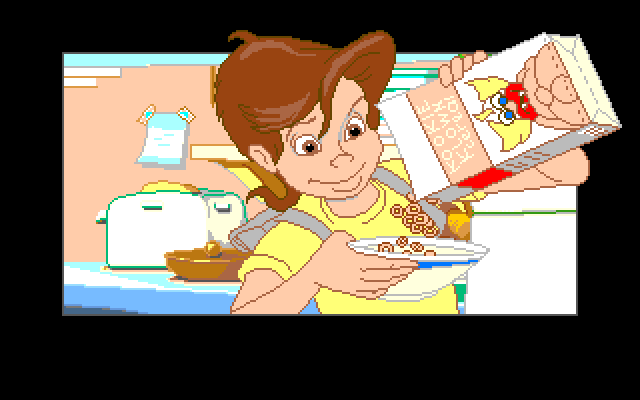 Adventures of Willy Beamish, The Amiga Screenshot: Breakfast time! Pouring some cereal...