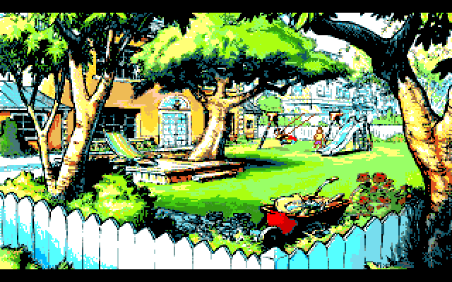 Adventures of Willy Beamish, The Amiga Screenshot: Willy pushes his sister on the swing...