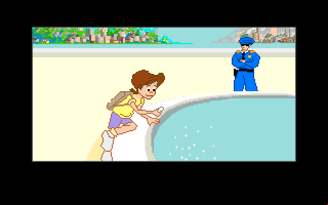 Adventures of Willy Beamish, The Amiga Screenshot: Attempting to steal a coin from the fountain.