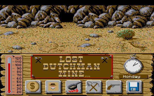 Lost Dutchman Mine Atari ST Screenshot: An entrance to a mine, but it's too dark to see right now!