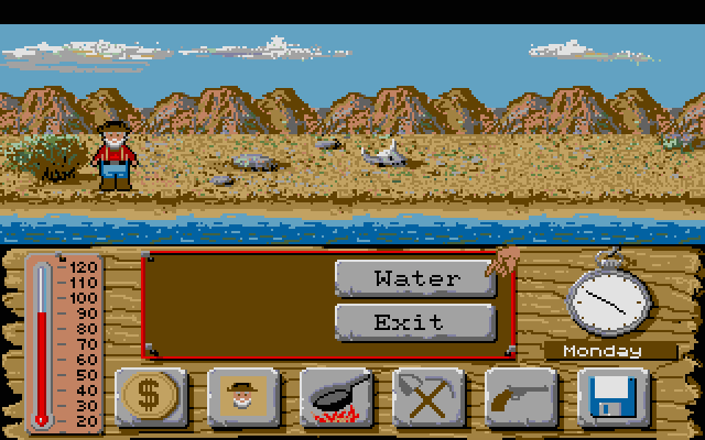 Lost Dutchman Mine Atari ST Screenshot: Visit the river to grab some much needed water.