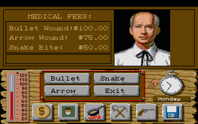 Lost Dutchman Mine Atari ST Screenshot: If you're injured you'll need to visit the doctor.