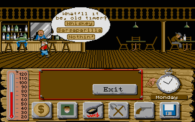 Lost Dutchman Mine Atari ST Screenshot: Care for anything at the saloon?