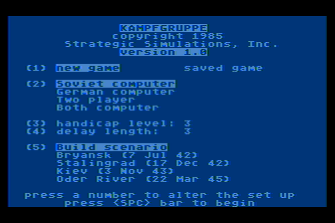 Kampfgruppe Atari 8-bit Screenshot: Title screen and game options.