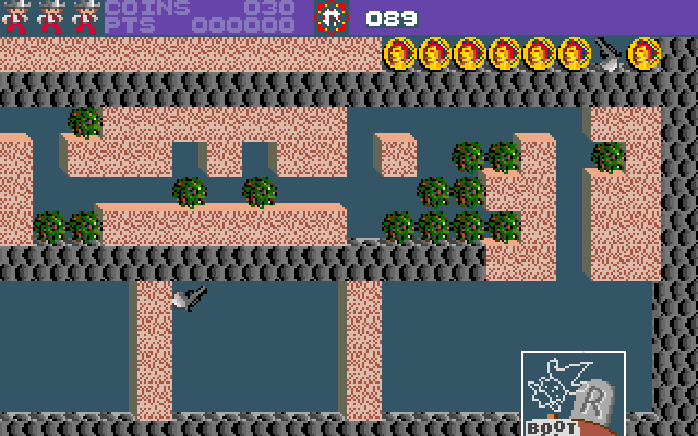 Rockford: The Arcade Game Amiga Screenshot: Lost a life, so Rockford appears as a ghost.