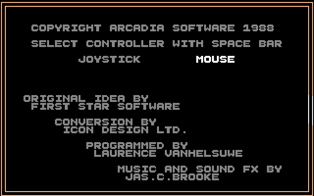Rockford: The Arcade Game Amiga Screenshot: Credits and control selection.