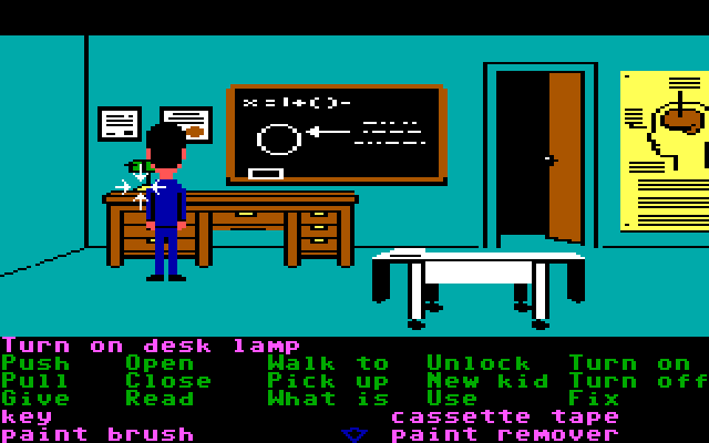 Maniac Mansion IBM PC/Compatibles Screenshot: Some rooms start out dark, and you need to find a lamp to turn on.