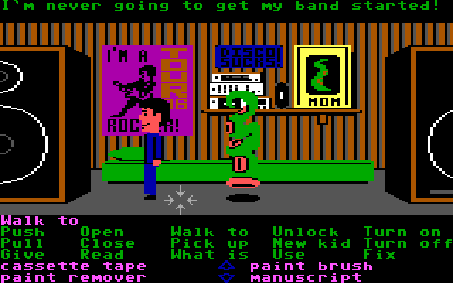 Maniac Mansion IBM PC/Compatibles Screenshot: The green tentacle is trying to start a band...