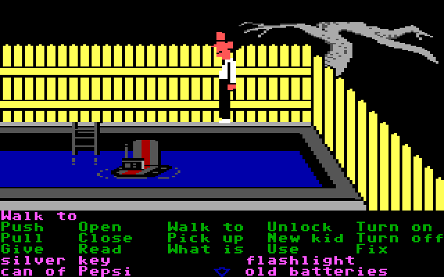 Maniac Mansion IBM PC/Compatibles Screenshot: A radio floats in the pool...how can I reach it?