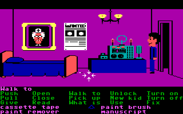 Maniac Mansion IBM PC/Compatibles Screenshot: Exploring one of the bedrooms...looks like this one is Dr. Fred's...