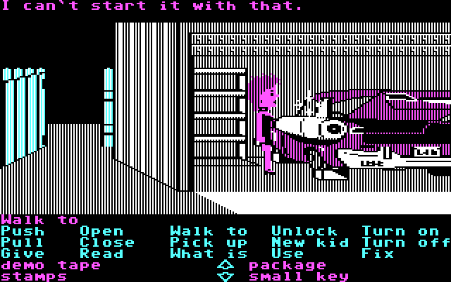 Maniac Mansion IBM PC/Compatibles Screenshot: There is a really weird car in the garage!