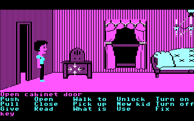 Maniac Mansion IBM PC/Compatibles Screenshot: Anything hidden in this cabinet?