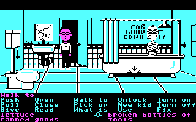 Maniac Mansion IBM PC/Compatibles Screenshot: Why is there a mummy in the shower?