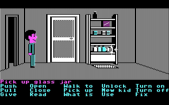 Maniac Mansion IBM PC/Compatibles Screenshot: Hmm, should I take any of this stuff on the shelf?