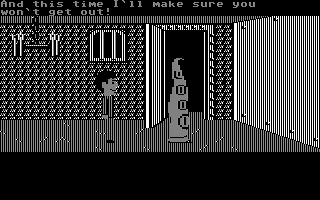 Maniac Mansion IBM PC/Compatibles Screenshot: Purple Tentacle throws Dave into the dungeon...