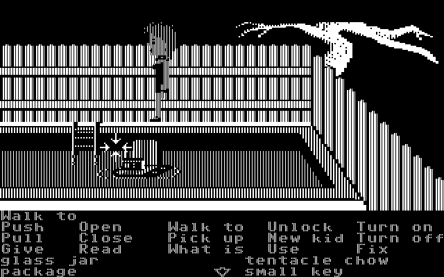 Maniac Mansion IBM PC/Compatibles Screenshot: A radio floats in the pool...how can I reach it?