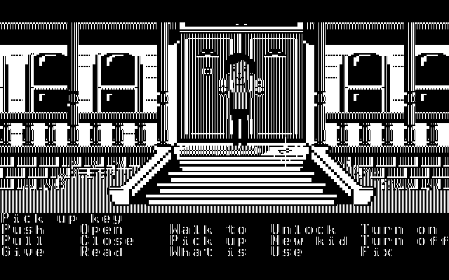 Maniac Mansion IBM PC/Compatibles Screenshot: A hidden key can help unlock the front door...
