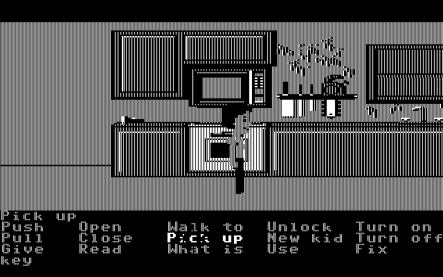 Maniac Mansion IBM PC/Compatibles Screenshot: Why is there a chainsaw in the kitchen?