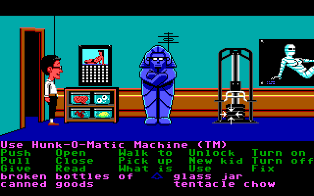Maniac Mansion IBM PC/Compatibles Screenshot: Hmm, an exercise machine...a good way to get strong!