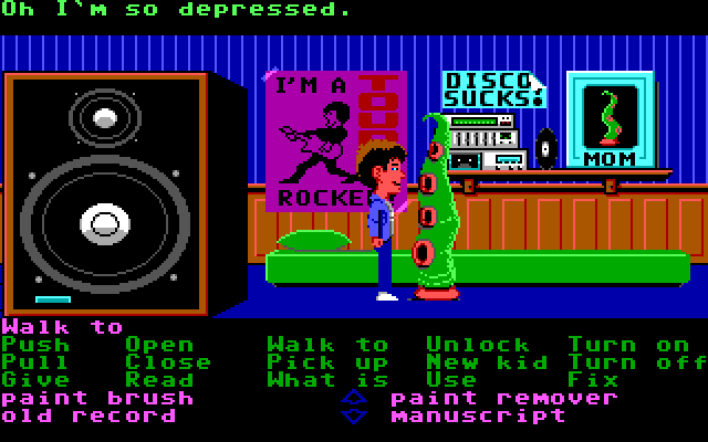 Maniac Mansion IBM PC/Compatibles Screenshot: Green Tentacle is depressed...