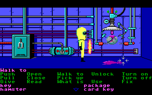 Maniac Mansion IBM PC/Compatibles Screenshot: A radiation suit protects you from the meteor's attacks.