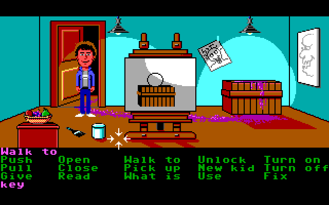 Maniac Mansion IBM PC/Compatibles Screenshot: Lot's of item to collect here! But are any of them useful?