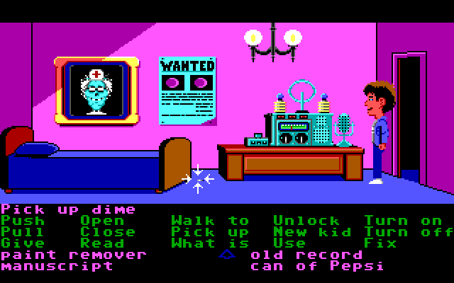 Maniac Mansion IBM PC/Compatibles Screenshot: Dr. Fred's room; ooh, a dime! Better pick it up...