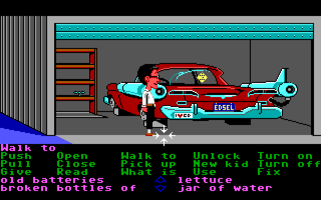 Maniac Mansion IBM PC/Compatibles Screenshot: A really weird Edsel is in the garage...