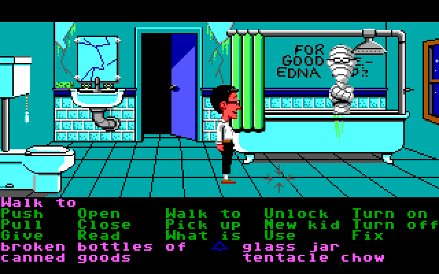 Maniac Mansion IBM PC/Compatibles Screenshot: Why is there a mummy in the shower?