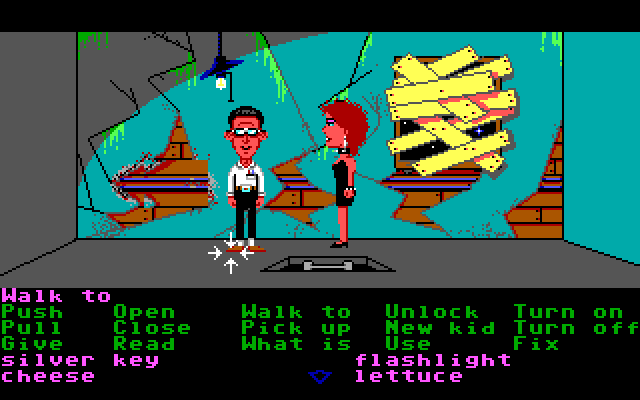 Maniac Mansion IBM PC/Compatibles Screenshot: Some wires repaired. Now, how to get out of here?