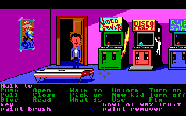 Maniac Mansion IBM PC/Compatibles Screenshot: Dr. Fred has an arcade room!