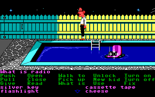Maniac Mansion IBM PC/Compatibles Screenshot: The pool...how can I reach that radio floating in the middle?
