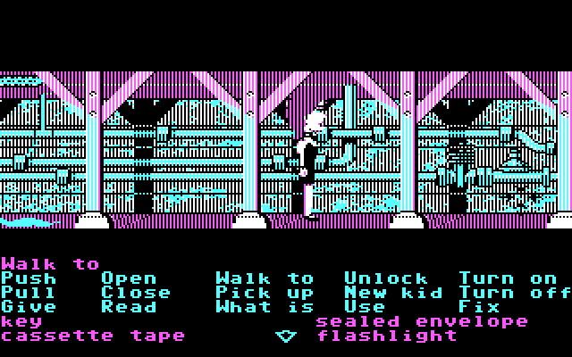 Maniac Mansion IBM PC/Compatibles Screenshot: Exploring the basement.
